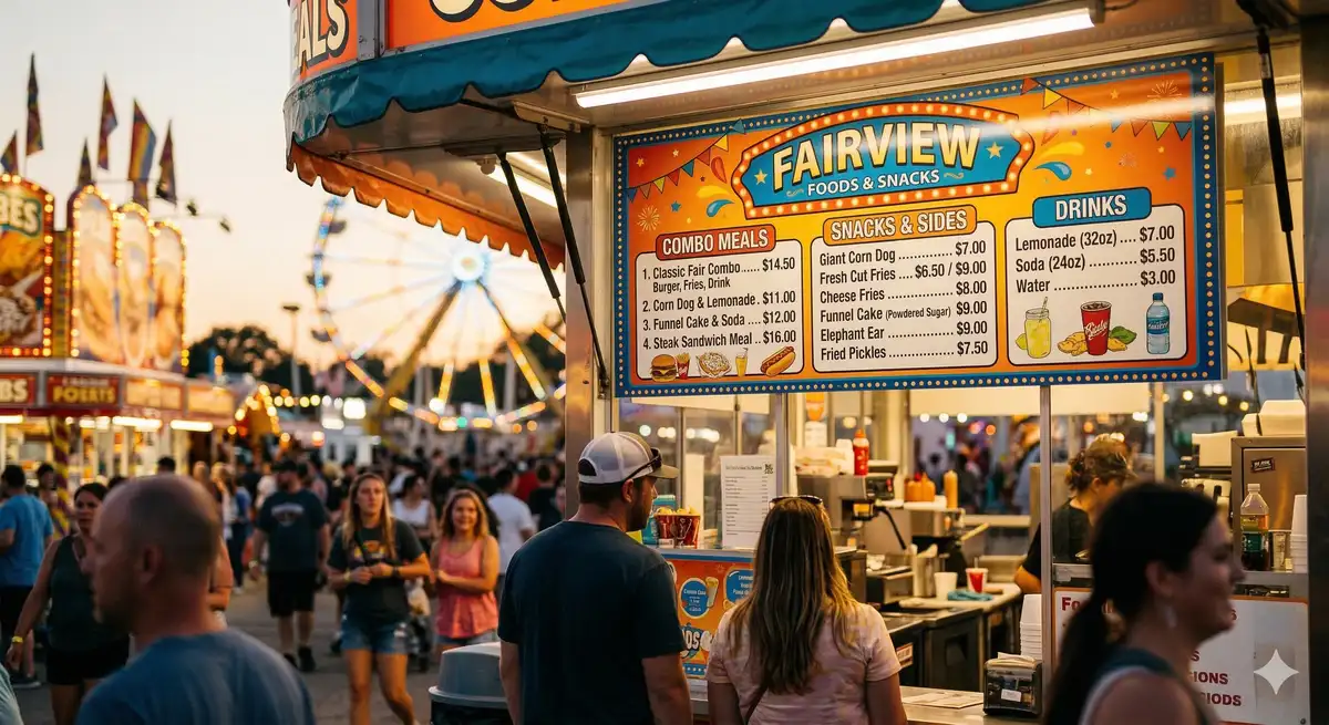 Concession stand menu board with pricing at a state fair