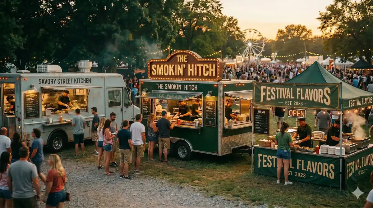 Food truck, concession trailer, and food booth side by side at an outdoor event