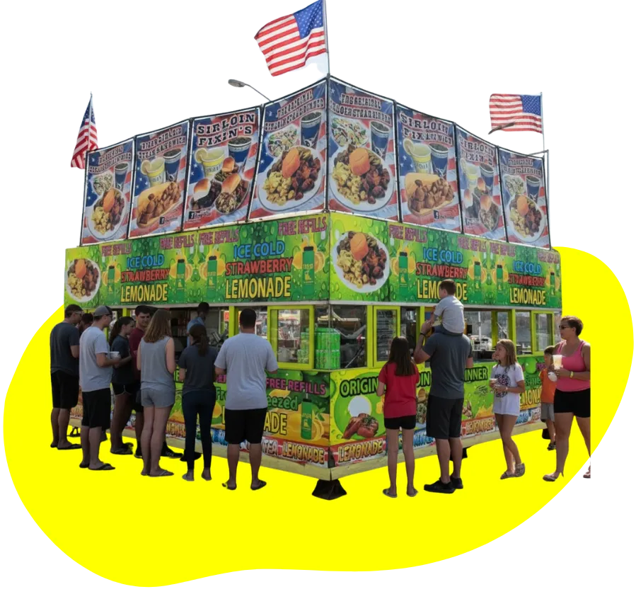 State fair food vendor booths with crowds of attendees